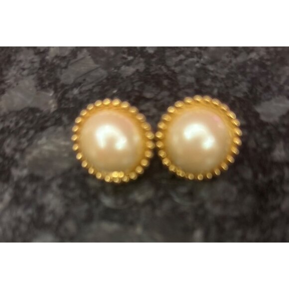 Vintage Monet Gold-Tone Clip-On Earrings With Faux Pearl Center & Beaded Trim - Picture 2 of 8